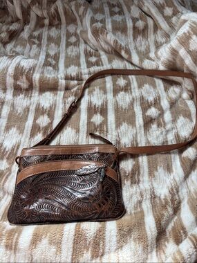 American West Brown Tooled Leather Crossbody Bag